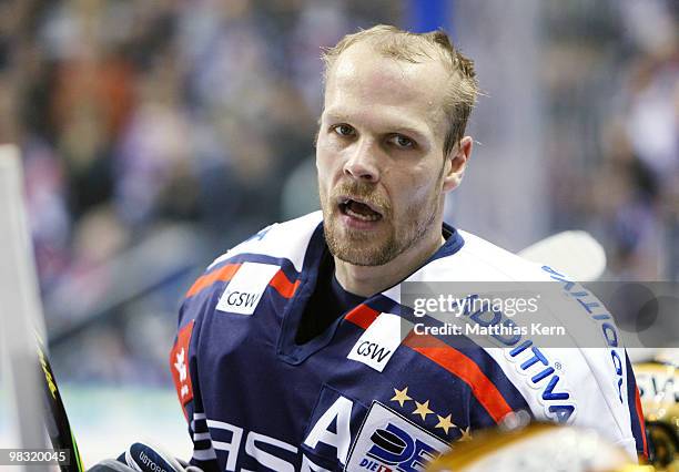 Stefan Ustorf of Berlin looks dejected during the fifth DEL quarter final play-off game between Eisbaeren Berlin and Augsburger Panther at O2 World...