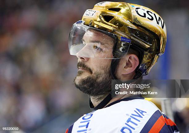 Jeff Friesen of Berlin looks dejected during the fifth DEL quarter final play-off game between Eisbaeren Berlin and Augsburger Panther at O2 World on...