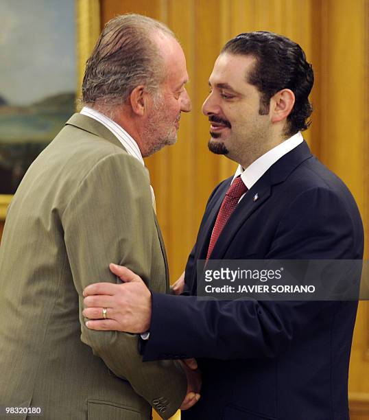 Spanish King Juan Carlos welcomes Lebanese Prime Minister Saad Hariri on April 8, 2010 during a meeting at Zarzuela Palace in Madrid. Hariri is on a...