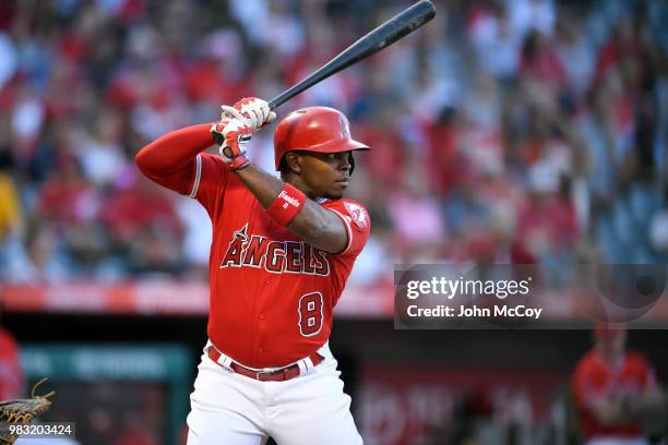 Justin Upton of the Los Angeles Angels of Anaheim at bat in the first inning against the Toronto Blue Jays at Angel Stadium on June 22, 2018 in...