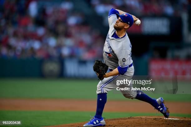 Marco Estrada of the Toronto Blue Jays pitches against the Los Angeles Angels of Anaheim in the first inning at Angel Stadium on June 22, 2018 in...