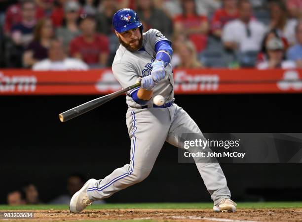 Russell Martin of the Toronto Blue Jays swings at a pitch in the second inning against the Los Angeles Angels of Anaheim at Angel Stadium on June 22,...