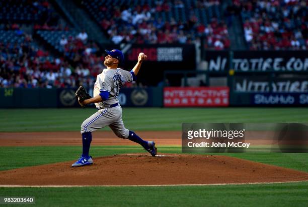 Marco Estrada of the Toronto Blue Jays pitches against the Los Angeles Angels of Anaheim in the first inning at Angel Stadium on June 22, 2018 in...