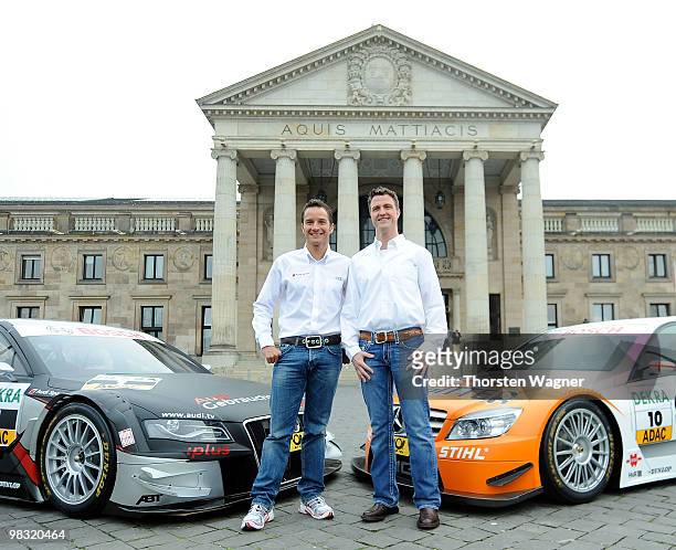 Timo Scheider and Ralf Schumacher pose during the DTM German Touring Car press conference at the Kurhaus on April 8, 2010 in Wiesbaden, Germany.