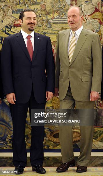 Spanish King Juan Carlos poses with Lebanese Prime Minister Saad Hariri on April 8, 2010 before their meeting at Zarzuela Palace in Madrid. Hariri is...