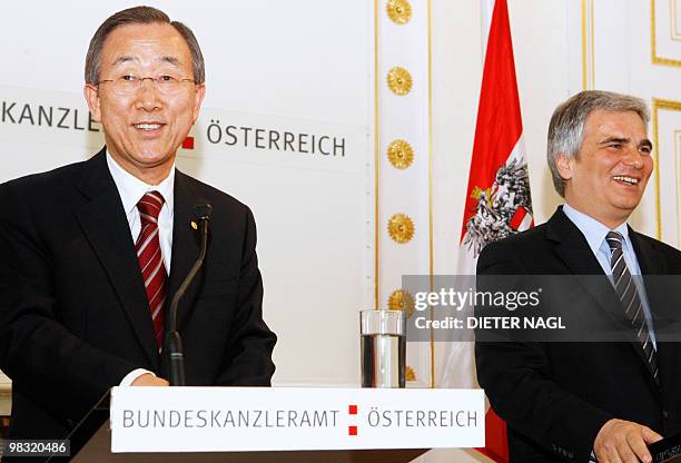 Secretary General Ban Ki-moon and Austrian Chancellor Werner Faymann give a joint press conference after their meeting on April 8, 2010 in Vienna....