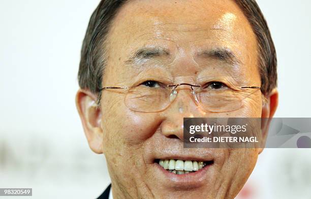 Secretary General Ban Ki-moon talks during a joint press conference with Austrian Chancellor Werner Faymann after their meeting on April 8, 2010 in...