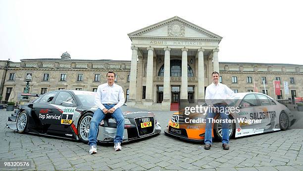 Timo Scheider and Ralf Schumacher pose during the DTM German Touring Car press conference at the Kurhaus on April 8, 2010 in Wiesbaden, Germany.