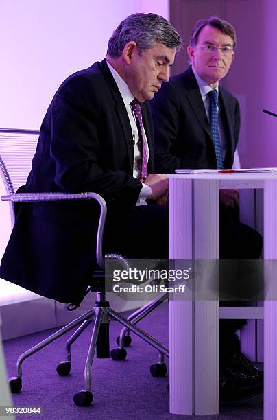 British Prime Minister Gordon Brown and Business Secretary Lord Mandelson wait to speak during the Labour party's first press conference of the...