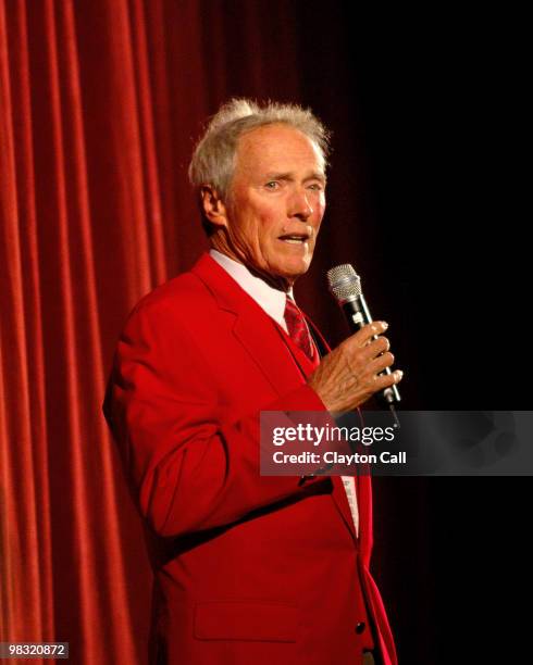 Clint Eastwood saying a few words to the audience at the Monterey Jazz Festival on September 18 2005