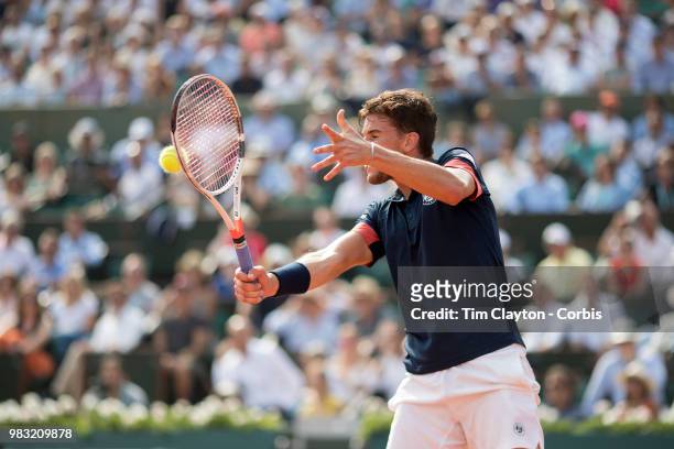 June 10. French Open Tennis Tournament - Day Fifteen. Dominic Thiem of Austria in action against Rafael Nadal of Spain on Court Philippe-Chatrier...