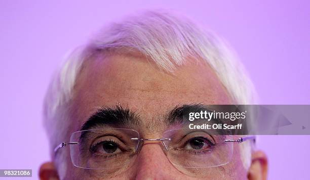 Chancellor of the Exchequer Alistair Darling speaks during the Labour party's first press conference of the election campaign in Westminster on April...