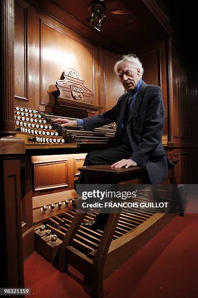 French composer, organist, pianist Jean Guillou poses near the Saint-Eustache church's pipe organ, on March 24, 2010 in Paris. Since 1963 Guillou is...