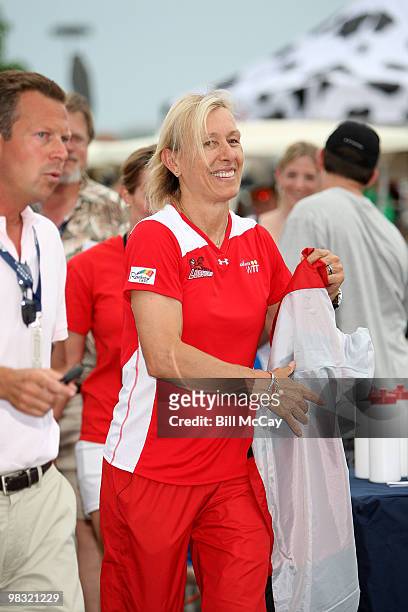 Tennis star Martina Navratilova and a member of the Boston Lobster teaches youth the game of Tennis on "Youth Day" before the WTT match against the...