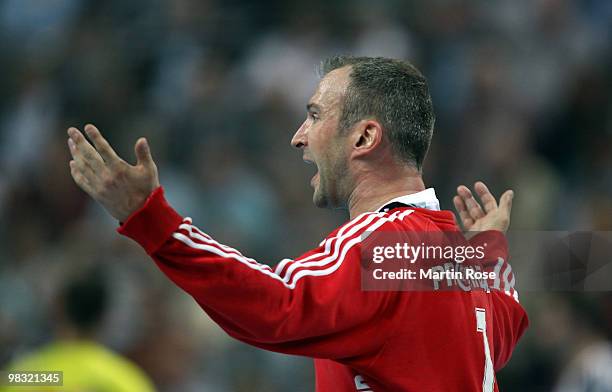 Thierry Omeyer, goalkeeper of Kiel reacts during the Toyota Handball Bundesliga match between THW Kiel and SG Flensburg-Handewitt at the Sparkassen...