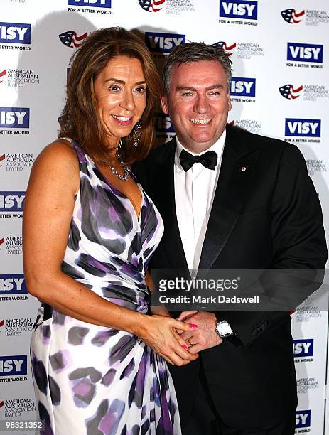 Heloise Waislitz Chairperson of The Pratt Foundation greets MC for the evening Eddie McGuire at the American Australian Association Benefit Dinner at...