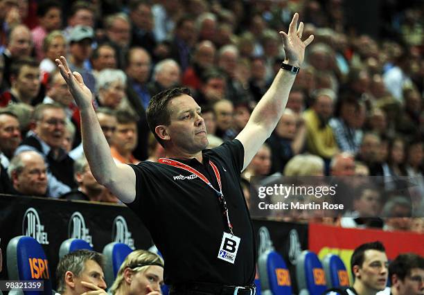 Alfred Gislason, head coach of Kiel reacts during the Toyota Handball Bundesliga match between THW Kiel and SG Flensburg-Handewitt at the Sparkassen...