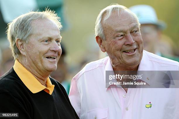 Honorary starters Jack Nicklaus and Arnold Palmer pose on the first tee during the first round of the 2010 Masters Tournament at Augusta National...