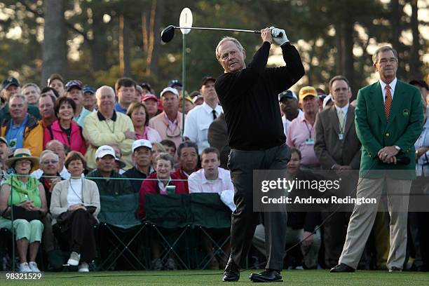 Honorary starter Jack Nicklaus hits his tee shot on the first hole during the first round of the 2010 Masters Tournament at Augusta National Golf...