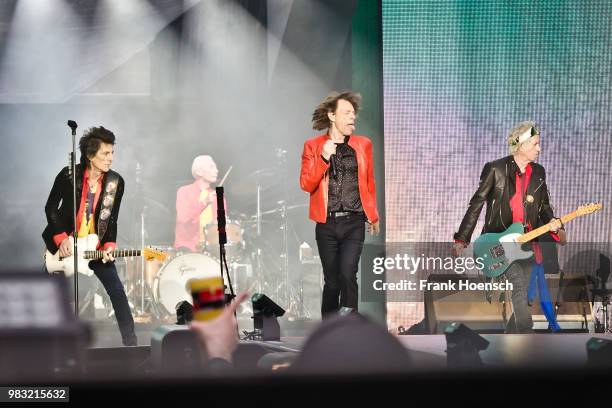 Ron Wood, Charlie Watts, Mick Jagger and Keith Richards of the British band The Rolling Stones perform live on stage during a concert at the...