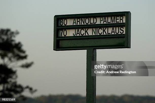 The names of the honorary starters, Arnold Palmer and Jack Nicklaus , are seen on a sign at the first tee during the first round of the 2010 Masters...
