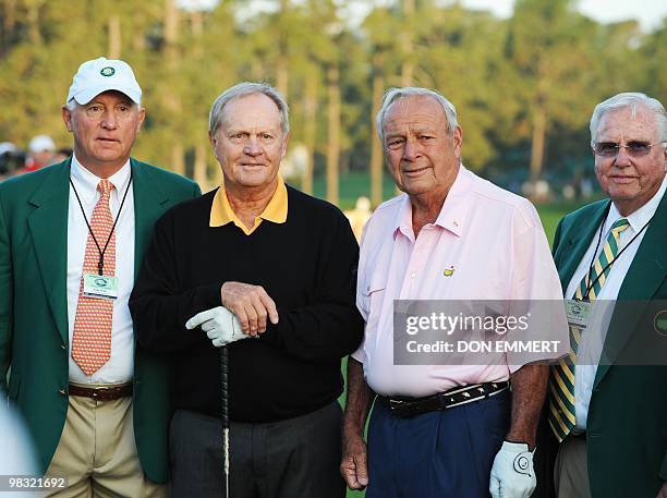 Golfers Arnold Palmer and Jack Nicklaus stand at the ceremonial tee off opening of the Masters golf tournament at Augusta National Golf Club on April...