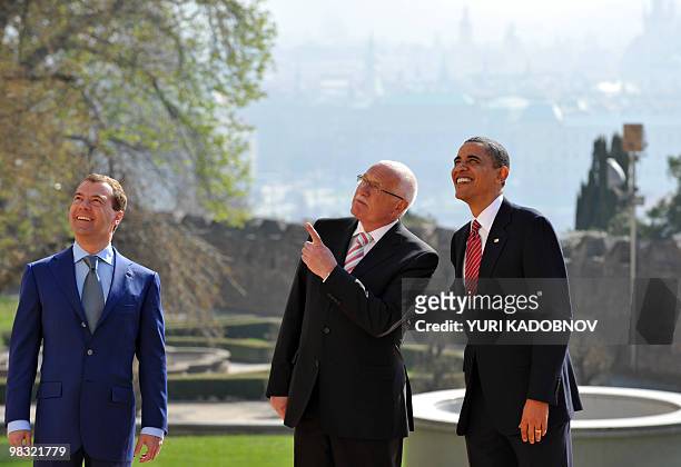 President Barack Obama , Russian President Dmitry Medvedev and their Czech counterpart Vaclav Klaus pose for the media before the signing ceremony of...