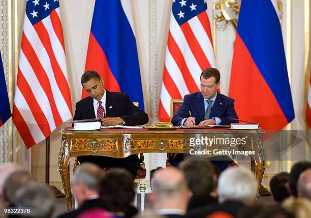 President Barack Obama and Russian President Dmitry Medvedev sign the latest nuclear arms reduction treaty between the two countries, known as "new...