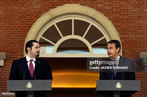 Spain's Prime Minister Jose Luis Rodriguez Zapatero attends a press conference next to Lebanon's counterpart Saad Hariri during a meeting at Moncloa...