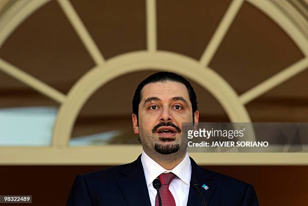 Lebanon's Prime Minister Saad Hariri attends a press conference after a meeting with Spain's Prime Minister Jose Luis Rodriguez Zapatero at Moncloa...