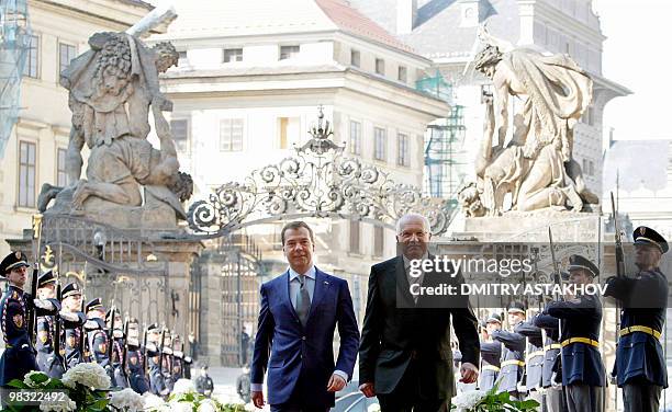 Czech President Vaclav Klaus greets his Russian counterpart Dmitry Medvedev at Prague Castle on April 8, 2010. US President Barack Obama and Medvedev...