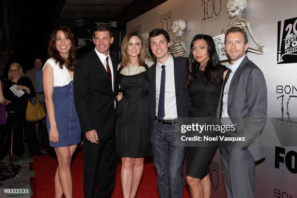 Michaela Conlin, David Boreanaz, Emily Deschanel, John Francis Daley, Tamara Taylor and TJ Thyne attends the "Bones" 100th episode celebration at 650...