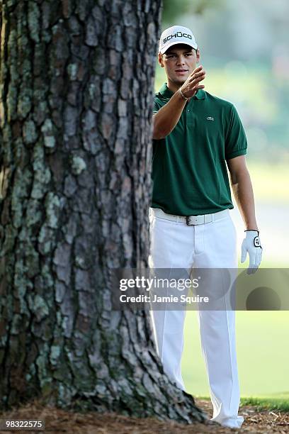 Martin Kaymer of Germany lines up a shot during the first round of the 2010 Masters Tournament at Augusta National Golf Club on April 8, 2010 in...