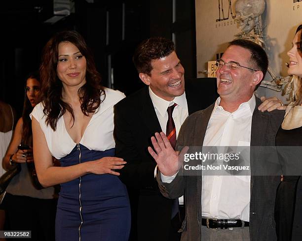Michaela Conlin, David Boreanaz and Hart Hanson attend the "Bones" 100th episode celebration at 650 North on April 7, 2010 in West Hollywood,...