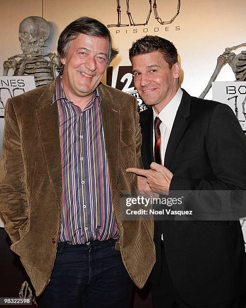 David Boreanaz and Stephen Fry attend the "Bones" 100th episode celebration at 650 North on April 7, 2010 in West Hollywood, California.