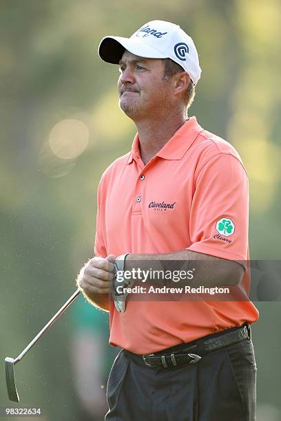 Jerry Kelly looks on from the first hole during the first round of the 2010 Masters Tournament at Augusta National Golf Club on April 8, 2010 in...