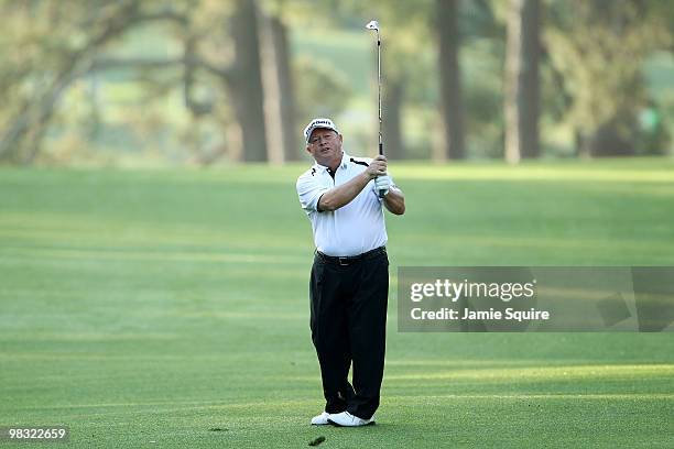 Ian Woosnam of Wales hits his second shot on the first hole during the first round of the 2010 Masters Tournament at Augusta National Golf Club on...