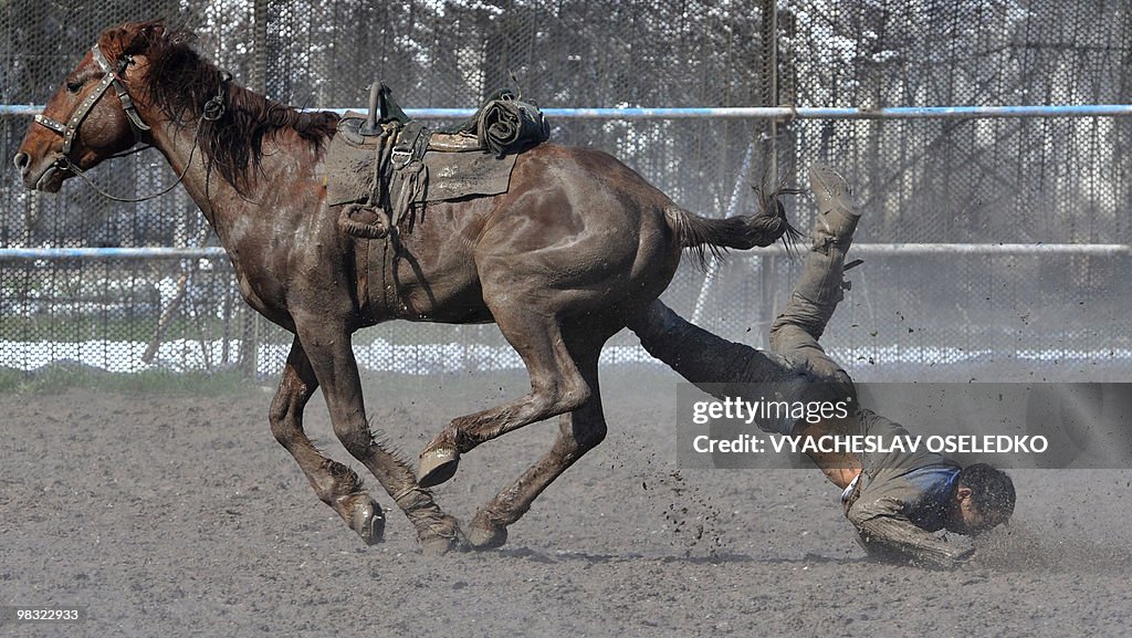 A mounted Kyrgyz man fall off of his hor