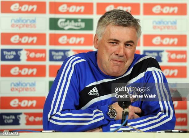 Chelsea manager Carlo Ancelotti during a press conference at the Cobham training ground on April 8, 2010 in Cobham, England.