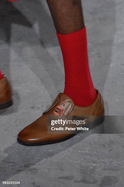 Model, shoes detail, walks the runway during the Maison Mihara Yasuhiro Menswear Spring/Summer 2019 show as part of Paris Fashion Week on June 22,...