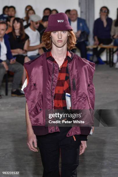 Model walks the runway during the Maison Mihara Yasuhiro Menswear Spring/Summer 2019 show as part of Paris Fashion Week on June 22, 2018 in Paris,...