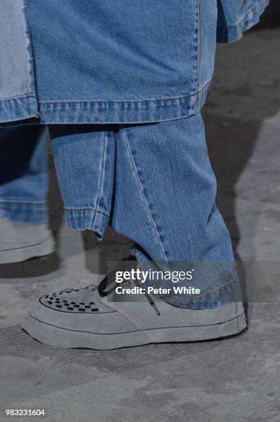 Model, shoes detail, walks the runway during the Maison Mihara Yasuhiro Menswear Spring/Summer 2019 show as part of Paris Fashion Week on June 22,...