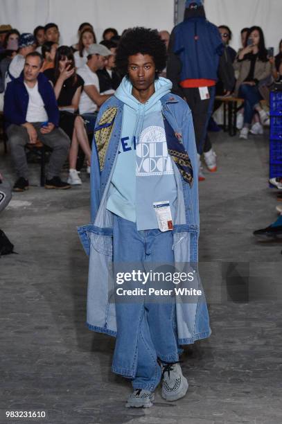 Model walks the runway during the Maison Mihara Yasuhiro Menswear Spring/Summer 2019 show as part of Paris Fashion Week on June 22, 2018 in Paris,...