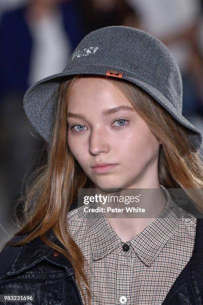 Model walks the runway during the Maison Mihara Yasuhiro Menswear Spring/Summer 2019 show as part of Paris Fashion Week on June 22, 2018 in Paris,...