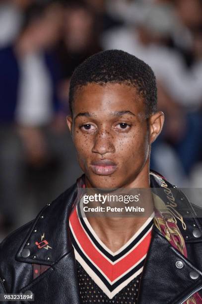 Model walks the runway during the Maison Mihara Yasuhiro Menswear Spring/Summer 2019 show as part of Paris Fashion Week on June 22, 2018 in Paris,...