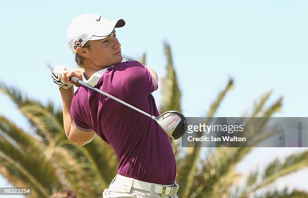 Oliver Fisher of England in action during the first round of the Madeira Islands Open at the Porto Santo golf club on April 8, 2010 in Porto Santo...