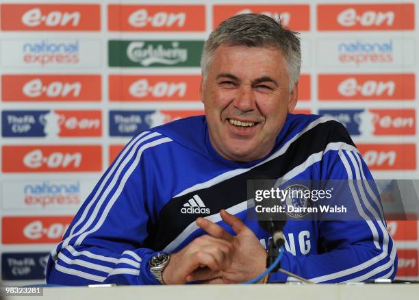 Chelsea manager Carlo Ancelotti during a press conference at the Cobham training ground on April 8, 2010 in Cobham, England.