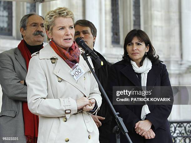 French editor in chief of France 3 TV show "Pieces a conviction" Elise Lucet gives a speech near Paris deputy mayor Anne Hidalgo during a rally on...