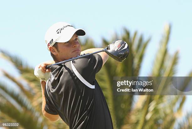 Sam Hutsby of England in action during the firs round of the Madeira Islands Open at the Porto Santo golf club on April 8, 2010 in Porto Santo...