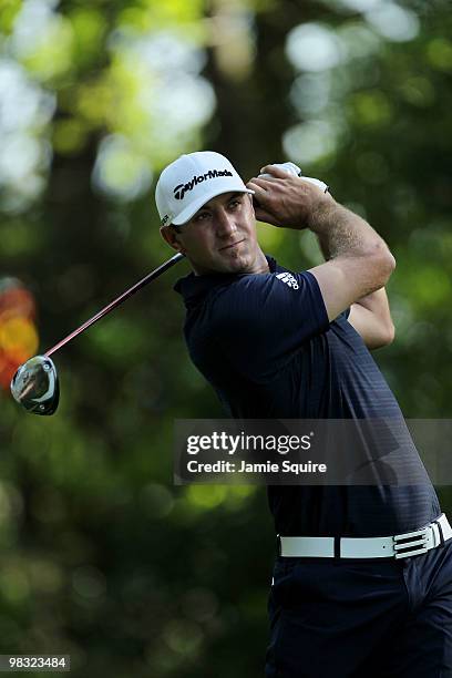 Dustin Johnson hits his tee shot on the second hole during the first round of the 2010 Masters Tournament at Augusta National Golf Club on April 8,...